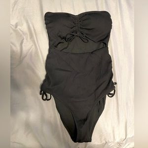 Aerie black ribbed strapless one piece size L